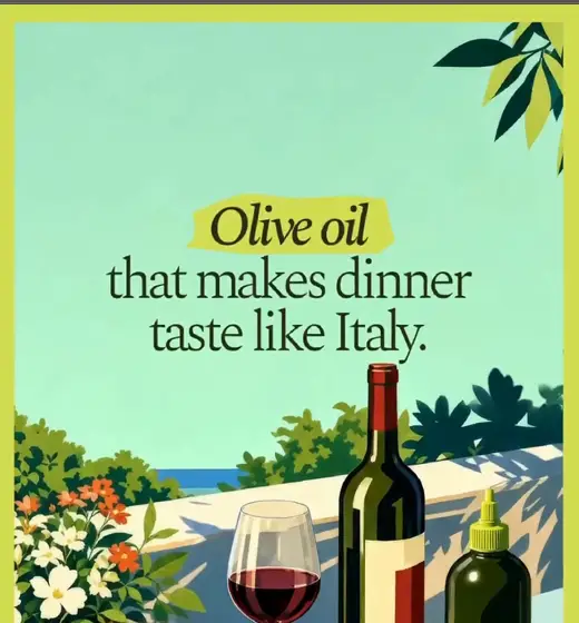Graza reklamı: illüstrasyon tarzı İtalyan sofrası ve Olive oil that makes dinner taste like Italy yazısı