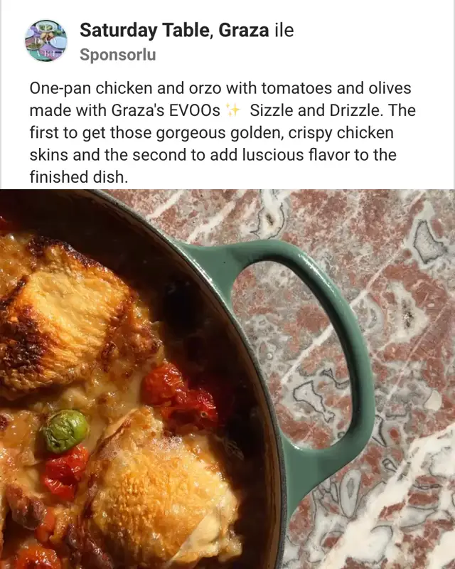 Saturday Table ve Graza ortak reklamı: metin ve tek tavada tavuk ile orzo görseli