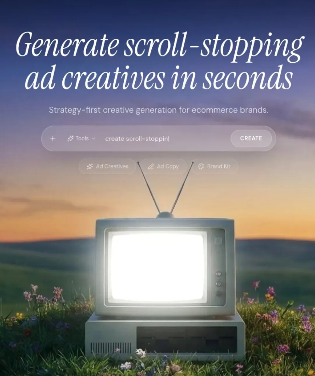 Imaginetive ana ekranı: “Generate scroll-stopping ad creatives in seconds”, e-ticaret markaları için strateji öncelikli kreatif üretimi; Ad Creatives / Ad Copy / Brand Kit sekmeleri