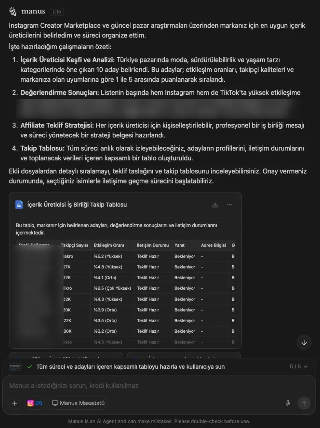 Manus ekranı: Türkiye pazarında içerik üreticisi keşfi ve analizi, adayların etkileşim oranına göre puanlanması, teklif taslağı ve iş birliği takip tablosu