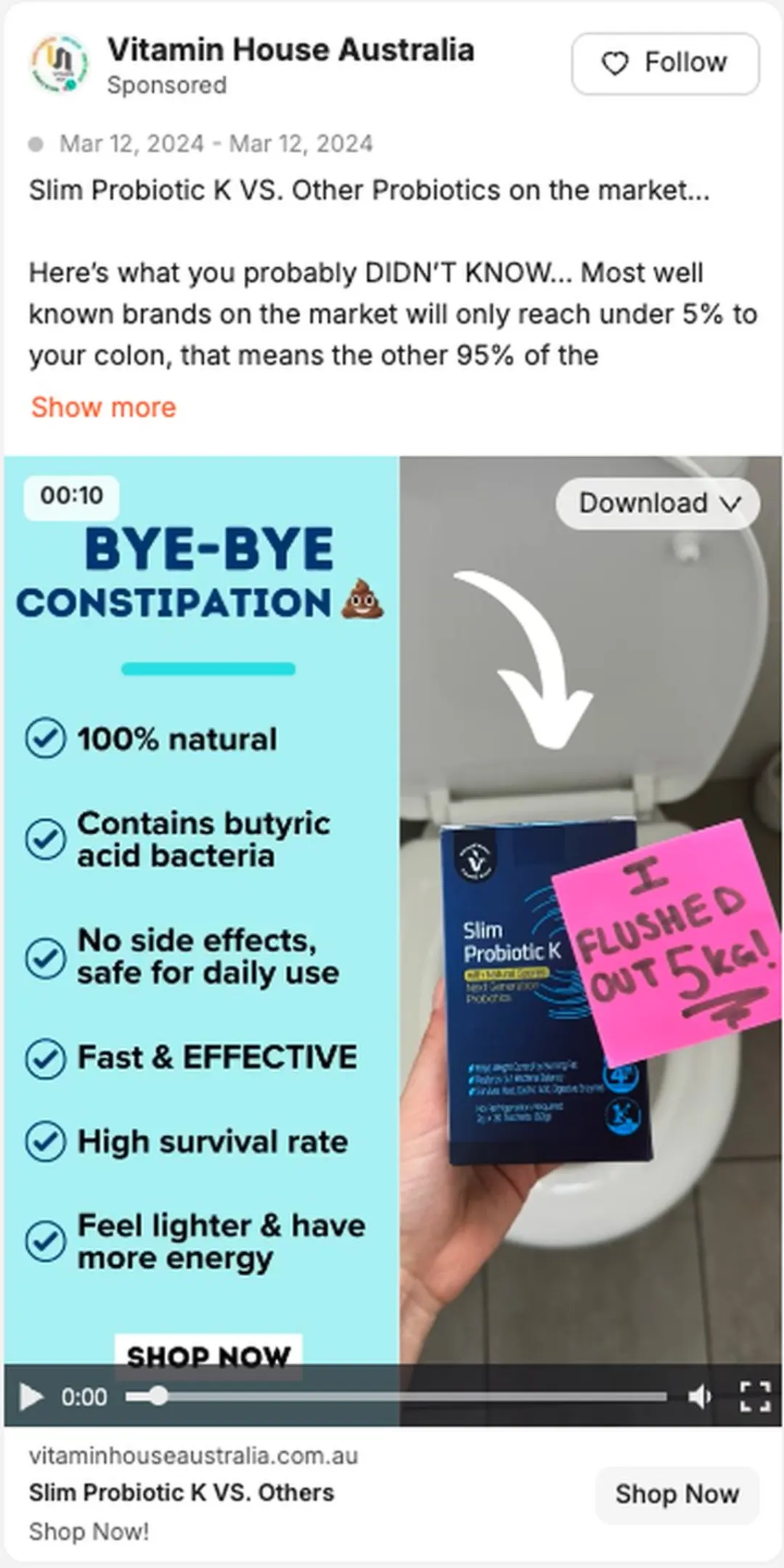 Vitamin House Australia sponsorlu reklamı: “Bye-bye constipation” başlığı, fayda listesi ve kullanıcı karesi