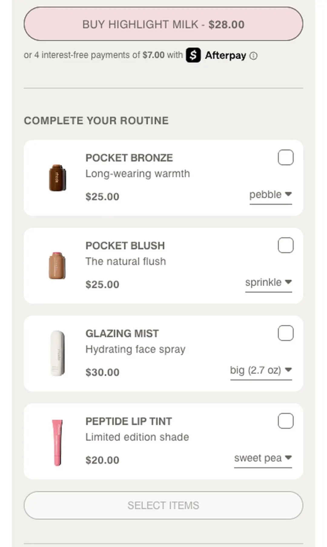 Rhode ürün sayfası: $28'lık ana ürünün altında “Complete Your Routine” bloğu ve dört tamamlayıcı ürün