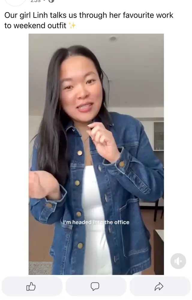 Fayt Facebook gönderisi: Our girl Linh talks us through her favourite work to weekend outfit, kot ceketli çalışan videosu