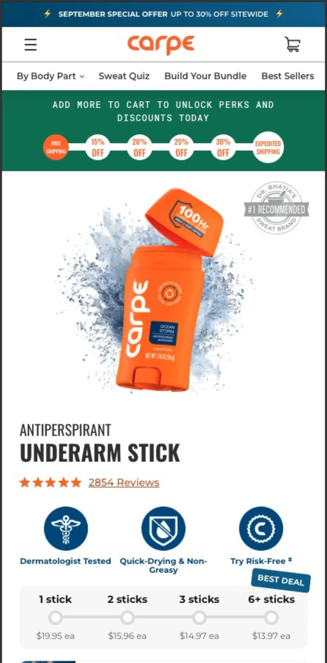 Carpe ürün sayfası: sepet ödül merdiveni (ücretsiz kargo → %15 → %20 → %25 → %30 → hızlı kargo) ve adet kademesi — 1 stick $19.95, 2 stick $15.96, 3 stick $14.97, 6+ stick $13.97