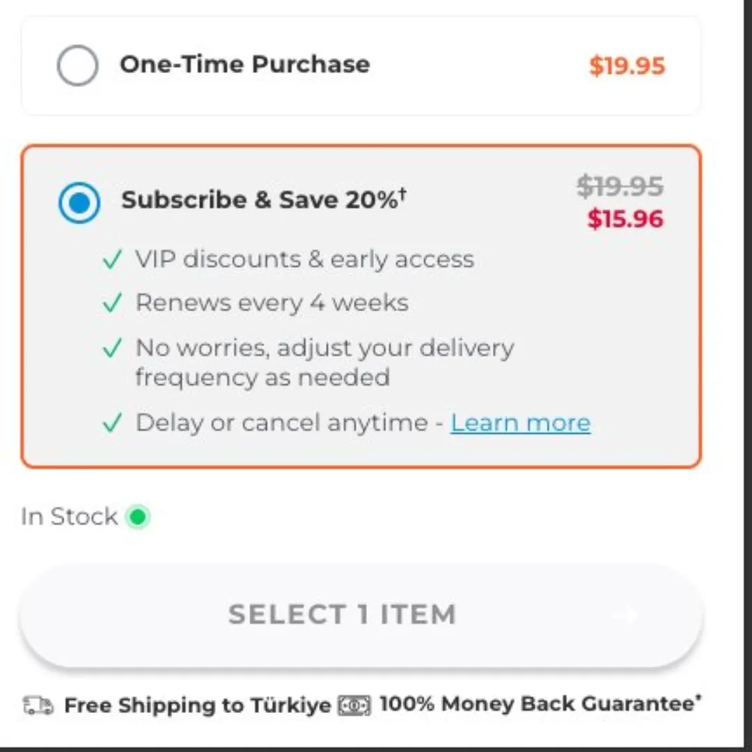 Ürün sayfasındaki satın alma seçeneği: “One-Time Purchase $19.95” karşısında varsayılan seçili “Subscribe & Save 20% — $19.95 yerine $15.96”