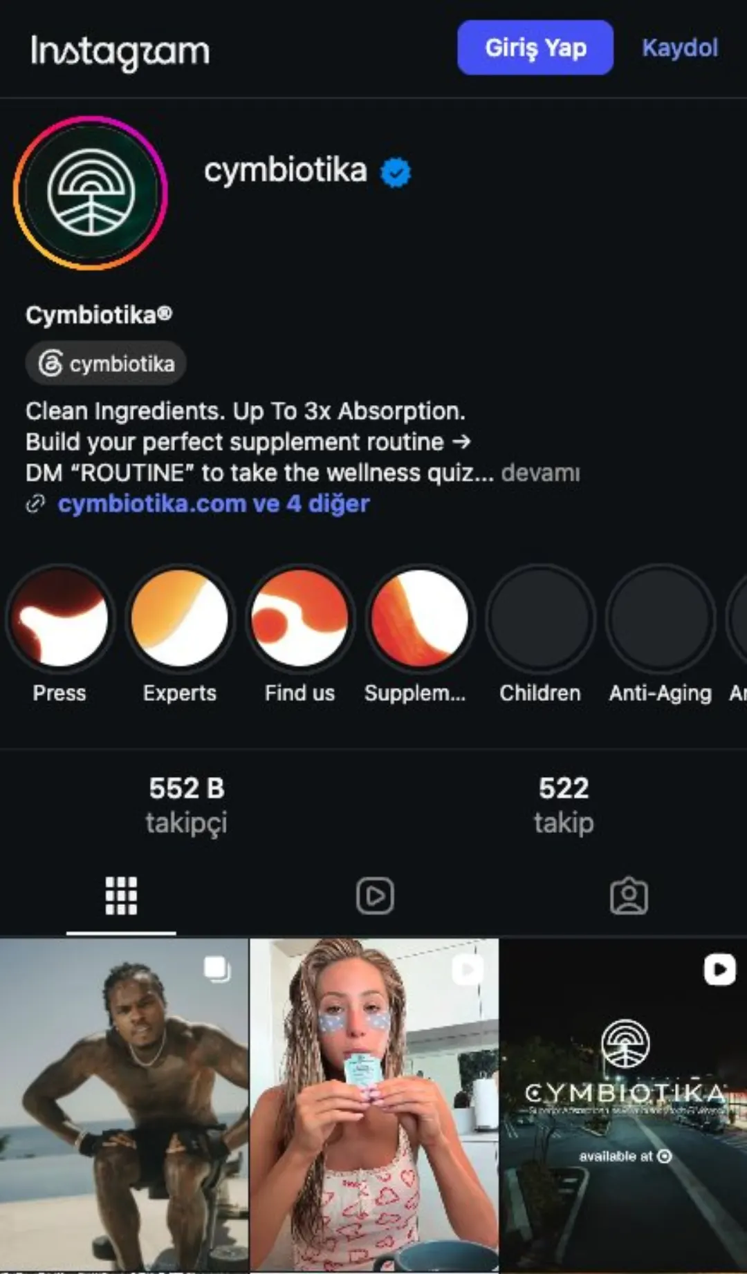 Cymbiotika Instagram profili: 552B takipçi, creator/UGC içerik grid'i