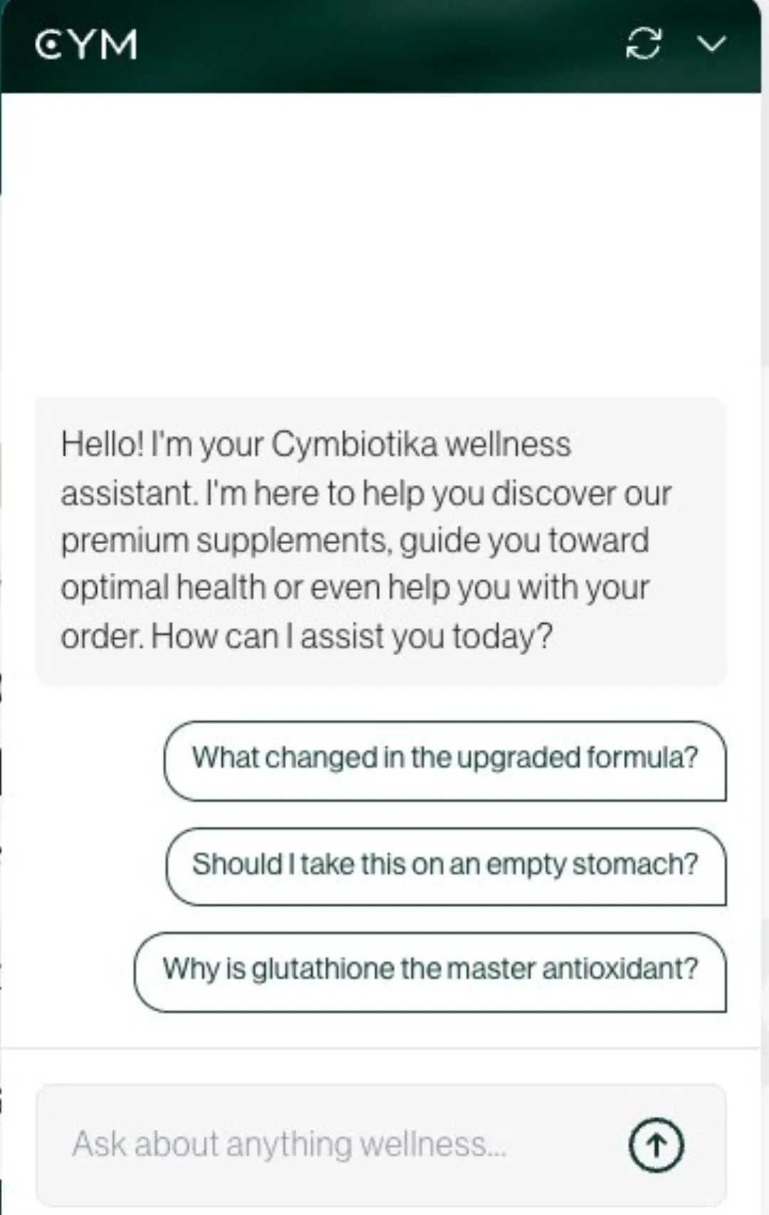 Cymbiotika site içi wellness asistanı: hazır soru butonlarıyla açılan sohbet ekranı