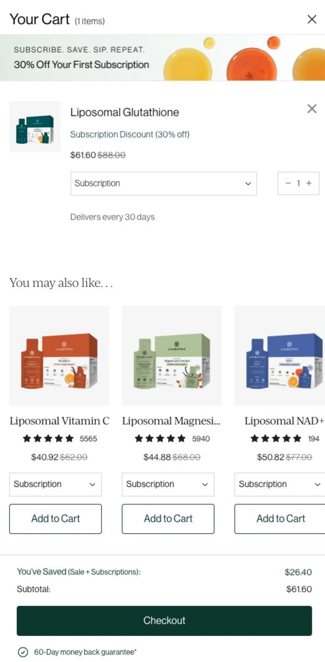 Sepet ekranı: %30 abonelik indirimi, 30 günde bir teslimat, “You may also like” cross-sell'leri, kazanılan tutar