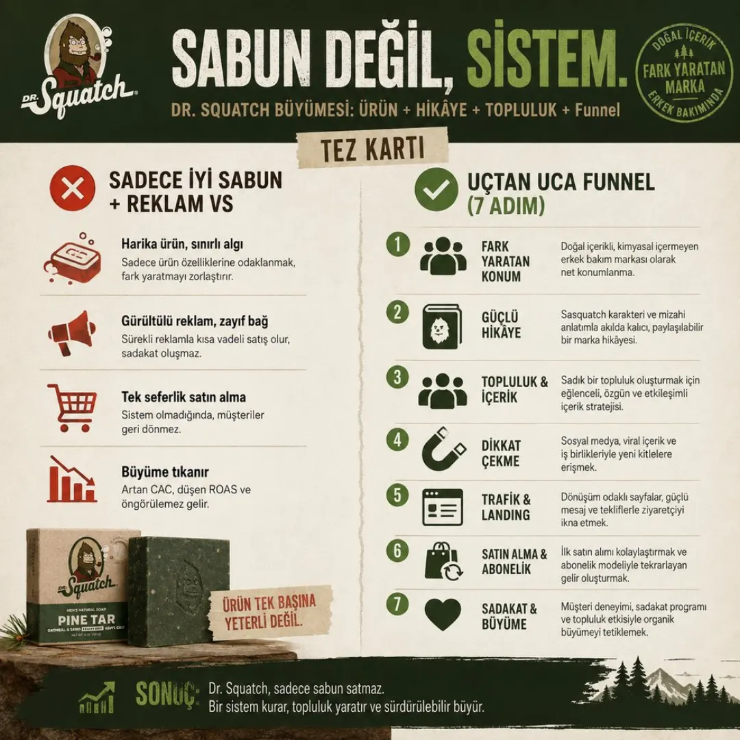 'Sabun değil, sistem' tez kartı: solda 'sadece iyi sabun + reklam'ın çıkmazları, sağda uçtan uca funnel