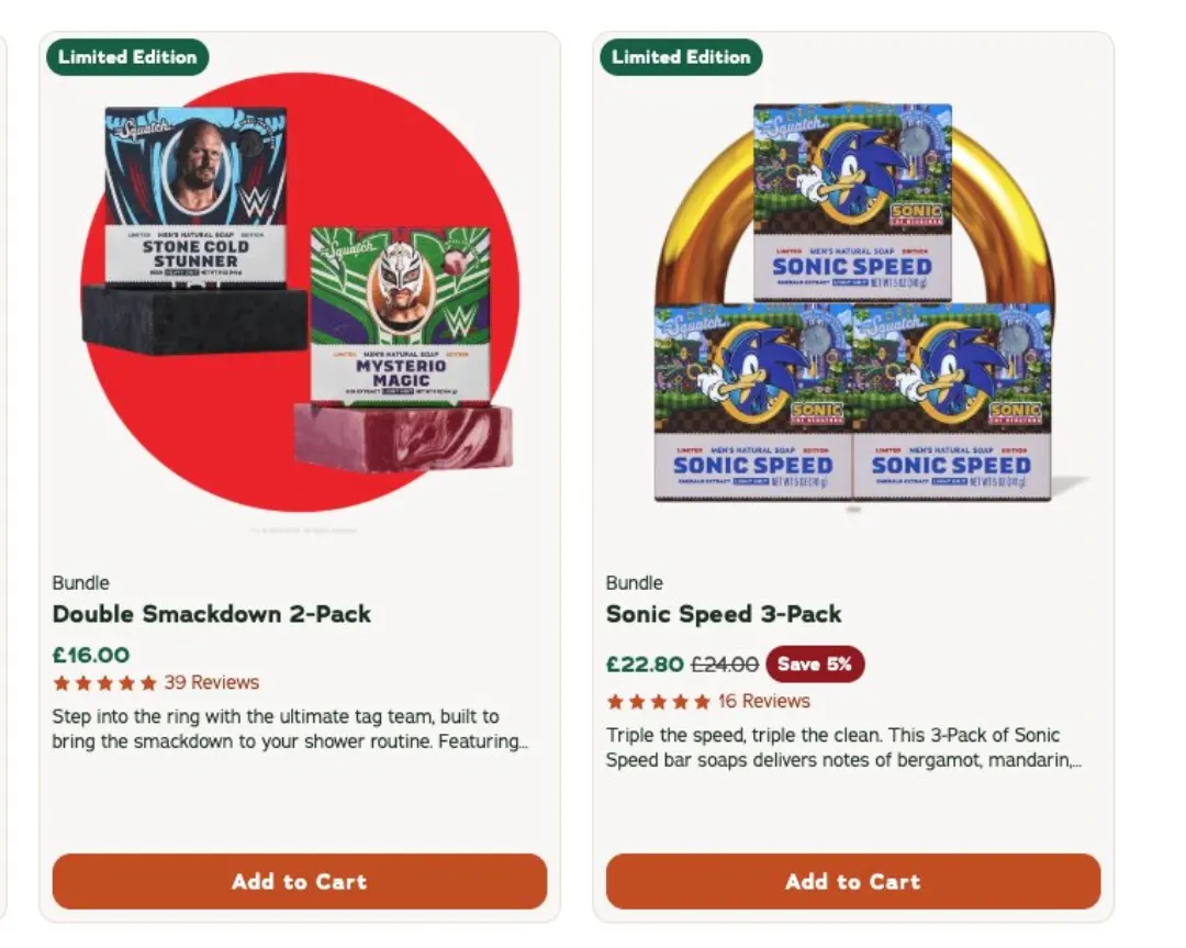 İki collab paketi: WWE 'Double Smackdown 2-Pack' £16.00 (39 yorum) ve Sonic 'Sonic Speed 3-Pack' £22.80 (£24.00'dan, Save %5, 16 yorum), ikisi de Limited Edition
