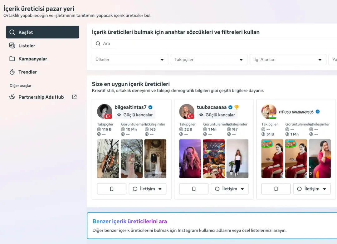 Creator Marketplace / içerik üreticisi arama ekranı