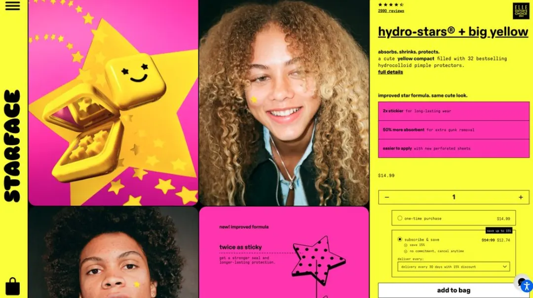 Starface “hydro-stars® + big yellow” ürün sayfası: neon sarı/pembe düzen, gülen yıldız yama, 2.990 yorum, $14.99, abonelikte $12.74