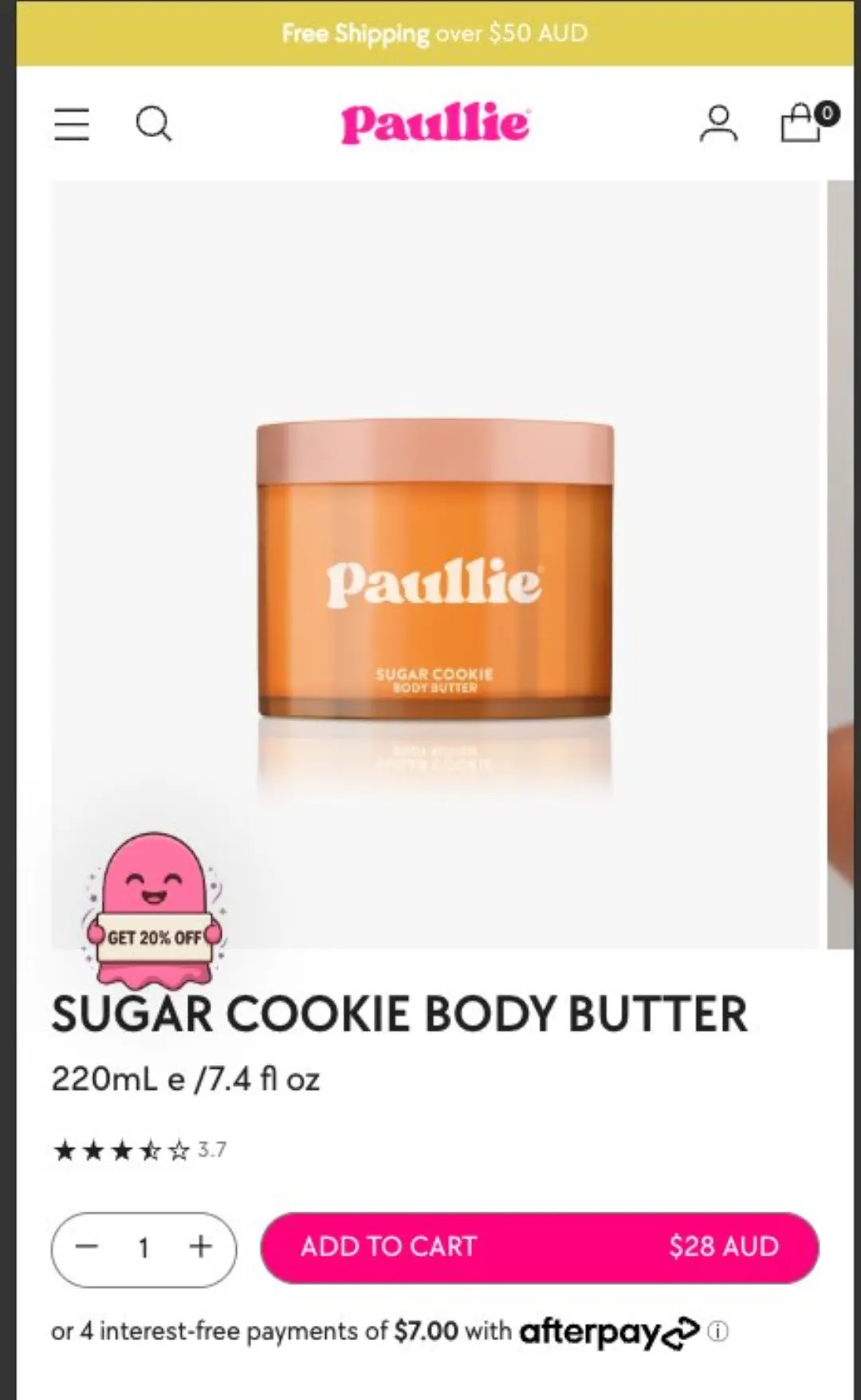 Paullie “Sugar Cookie Body Butter” ürün sayfası: $28 AUD, 3.7 puan, Afterpay ile 4×$7.00, indirimi elinde tutan pembe çizgi karakter rozeti