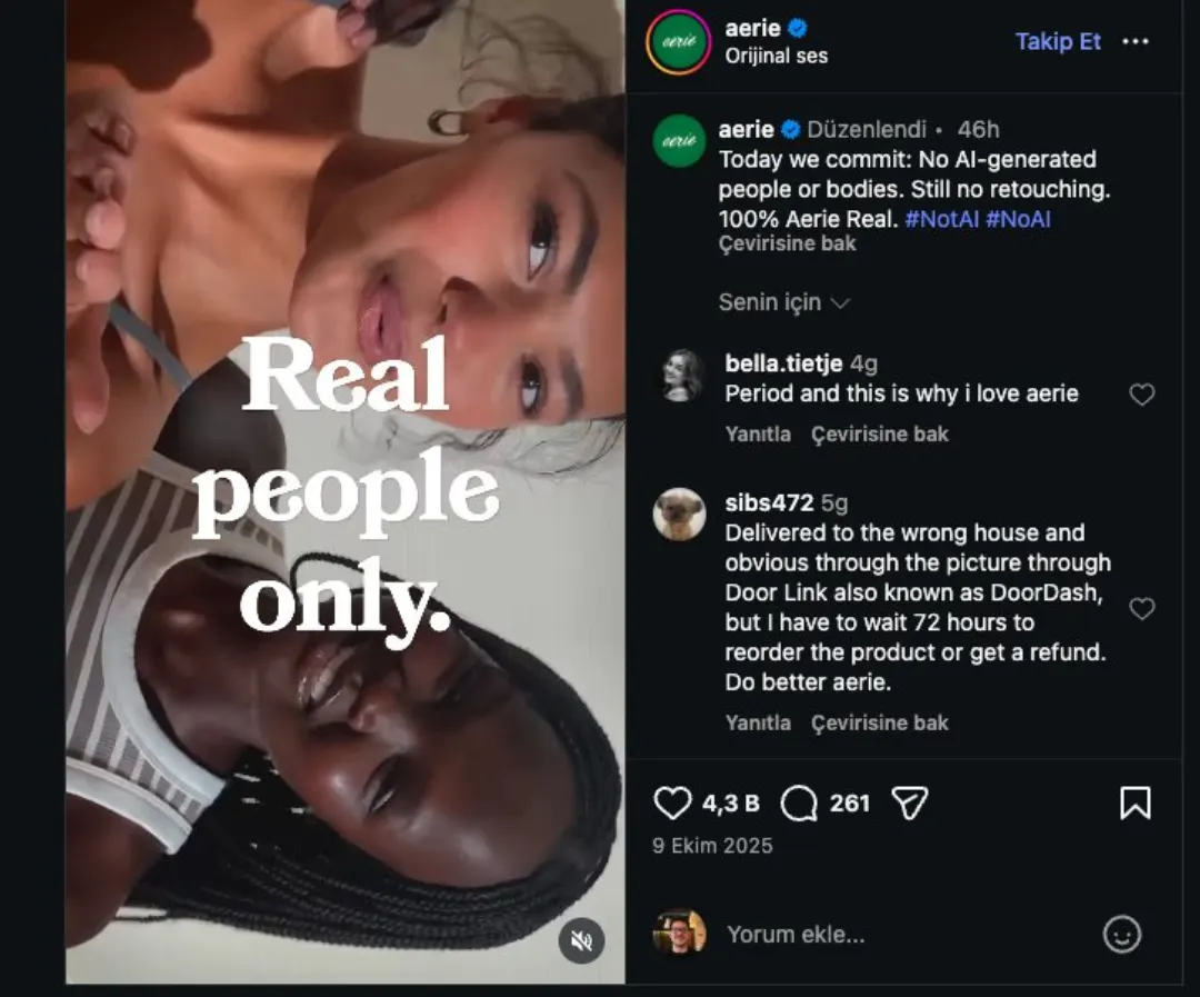 Aynı Aerie videosunun ikinci karesi: “Real people only.” yazısı ve altındaki yorumlar