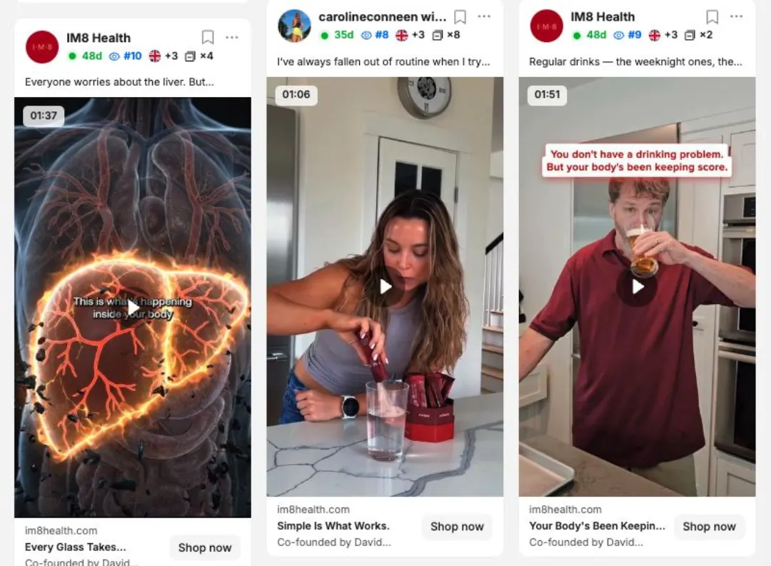Üç IM8 reklam kreatifi: 3B karaciğer animasyonu, creator'ın mutfak videosu, içki hook'lu reklam