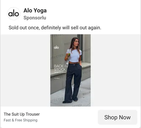Meta Ad Library, Alo Yoga aktif reklamı: Sold out once, definitely will sell out again; görselde Back in Stock, The Suit Up Trouser