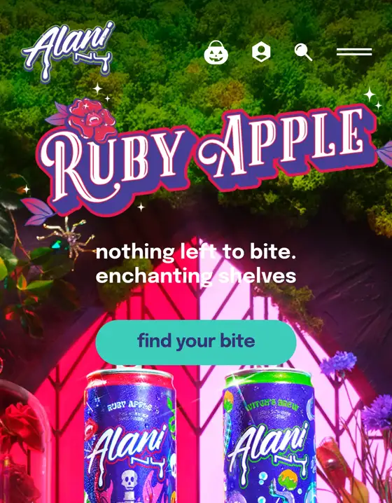 Alani Nu mobil ana sayfa: Ruby Apple başlığı, iki enerji içeceği kutusu, find your bite butonu