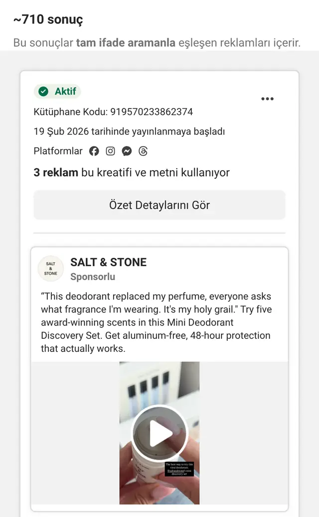 Meta Reklam Kütüphanesi: Salt and Stone aktif reklamı, Mini Deodorant Discovery Set metni, This deodorant replaced my perfume yorumu