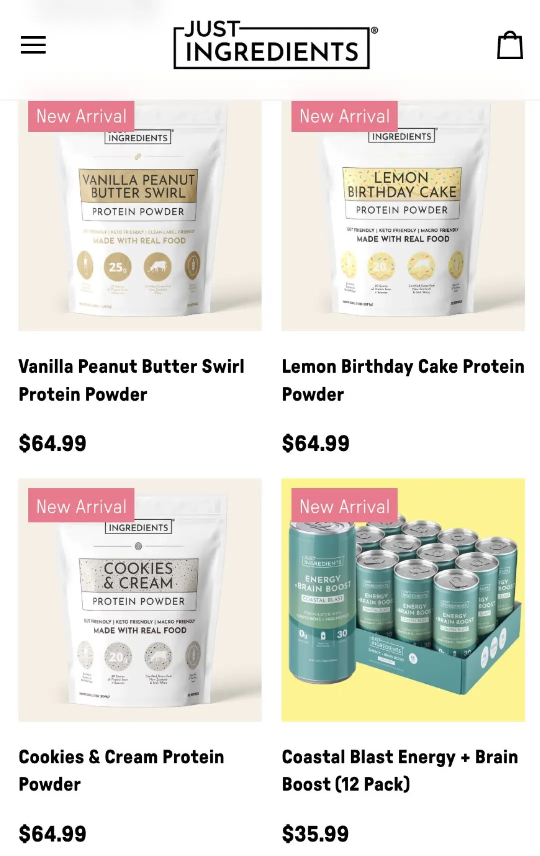 Just Ingredients ürün listeleme sayfası: 64,99 dolarlık protein tozları, üzerinde Made With Real Food rozetleri