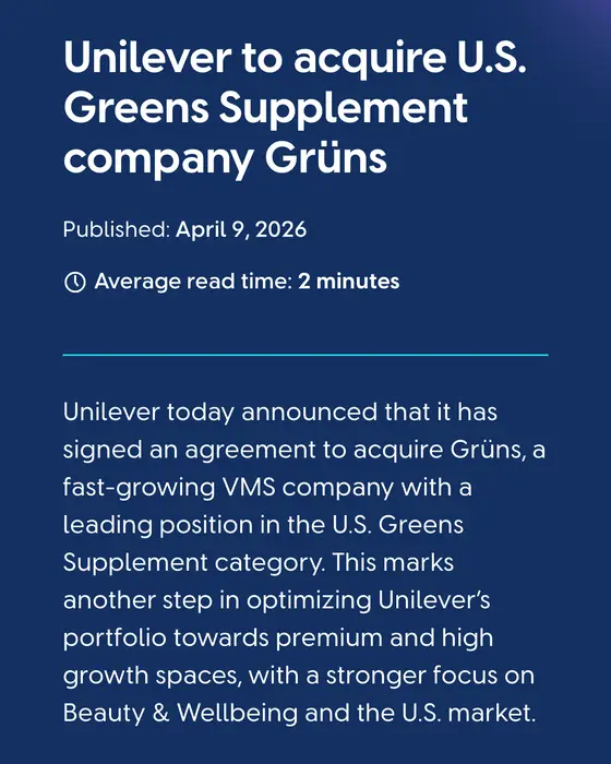 Unilever ABD basın bülteni: Unilever to acquire U.S. Greens Supplement company Grüns