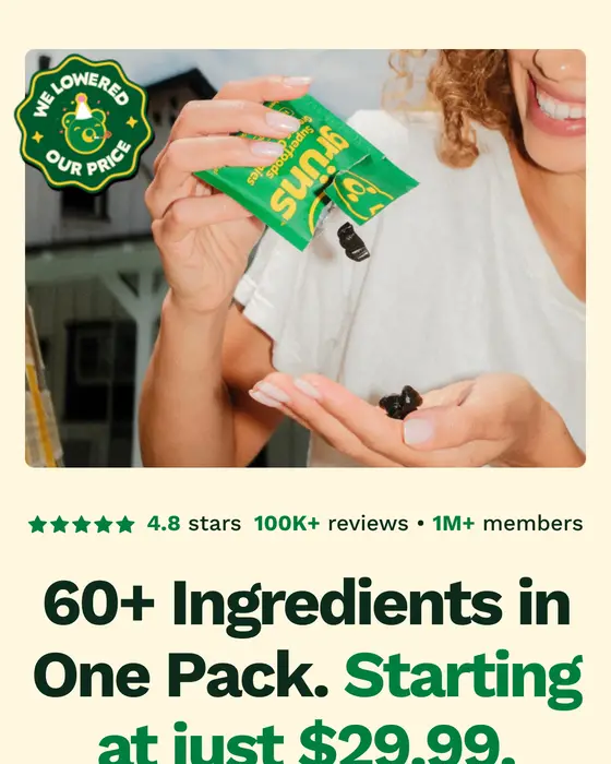 gruns.co mobil ana sayfa: 60+ Ingredients in One Pack. Starting at just $29.99, Start Now butonu
