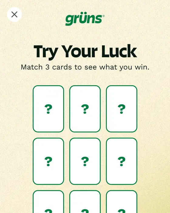 Grüns e-posta pop-up'ı: Try Your Luck, Match 3 cards to see what you win, dokuz kapalı kart