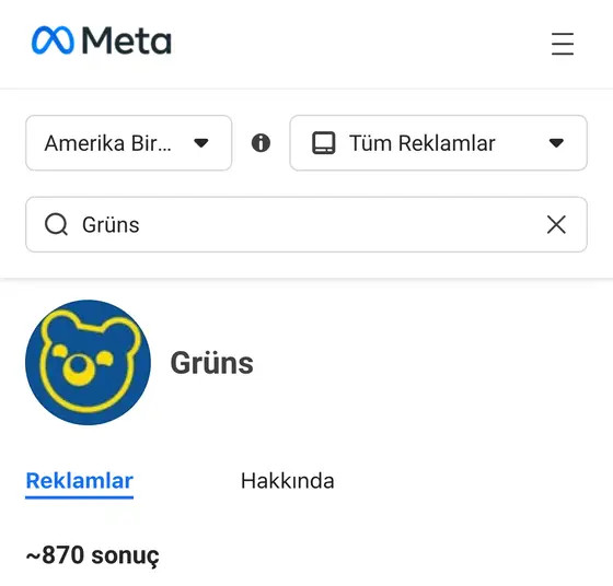 Meta Reklam Kütüphanesi: Grüns sayfası, ABD, aktif reklamlar, yaklaşık 870 sonuç