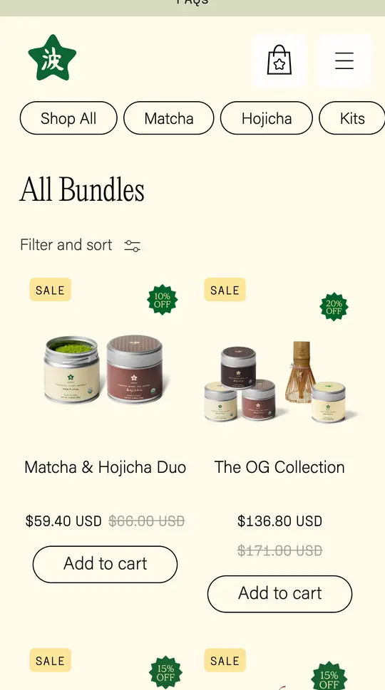 namimatcha.com All Bundles sayfası: Matcha & Hojicha Duo 59,40 USD, The OG Collection 136,80 USD, SALE etiketleri