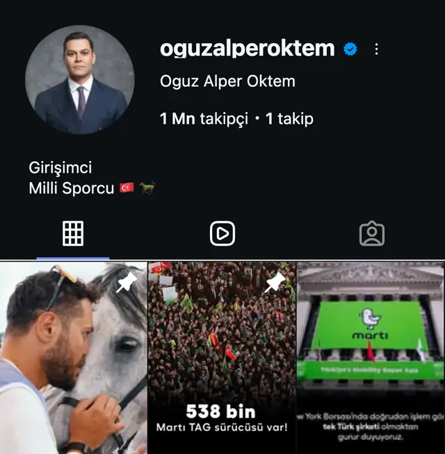 oguzalperoktem Instagram profili: 1 milyon takipçi, Girişimci, Milli Sporcu; gönderilerde Martı TAG sürücü sayısı ve New York Borsası