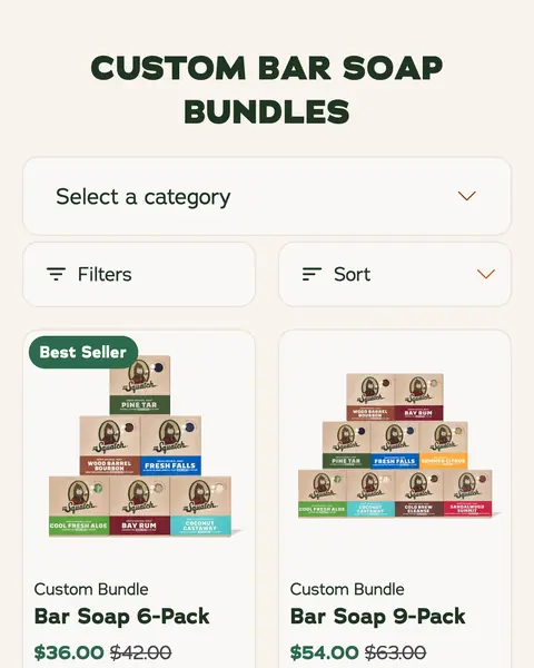 Dr. Squatch Custom Bar Soap Bundles sayfası: Bar Soap 6-Pack 36 dolar (42 dolar üstü çizili), 9-Pack 54 dolar, Save 14%