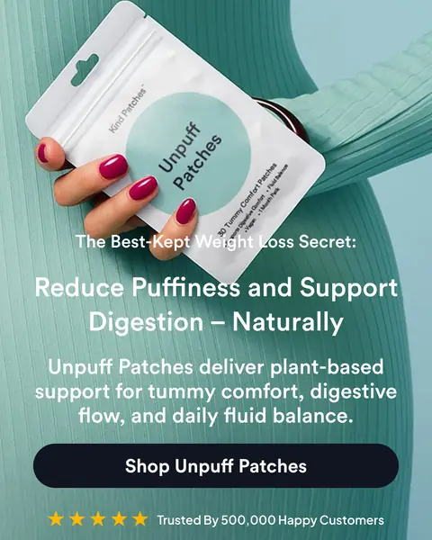 Kind Patches Unpuff Patches landing page: ürün görseli, başlık, Shop Unpuff Patches butonu, Trusted By 500,000 Happy Customers