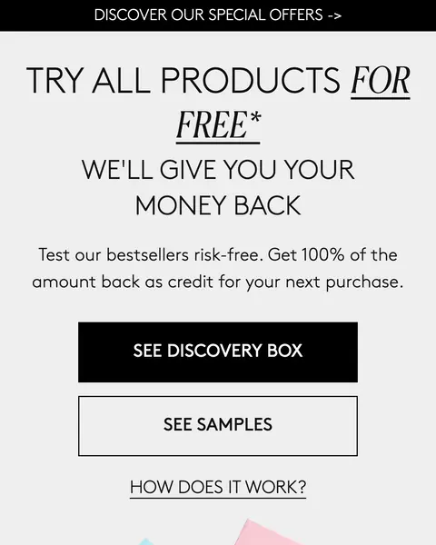 Cocunat Trials sayfası: Try all products for free, We'll give you your money back, See Discovery Box ve See Samples butonları