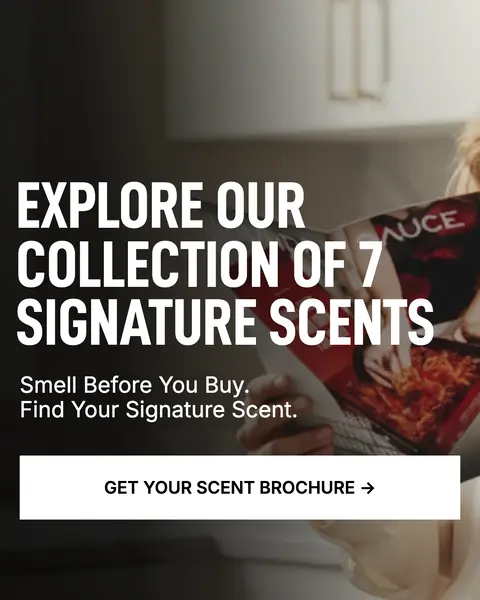Laundry Sauce Scent Brochure sayfası: Explore our collection of 7 signature scents, Smell Before You Buy, Get Your Scent Brochure butonu