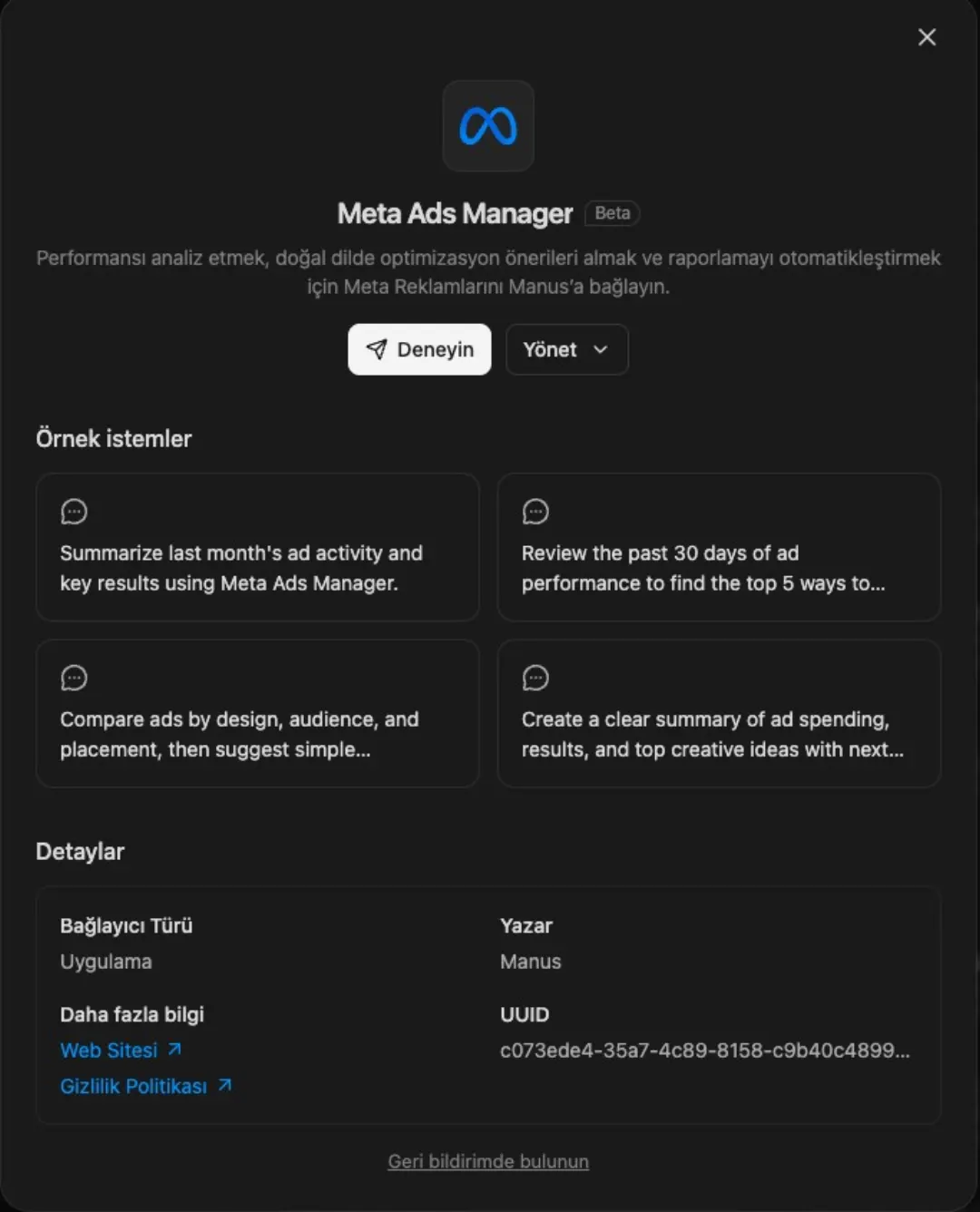 Meta Ads Manager bağlayıcısı