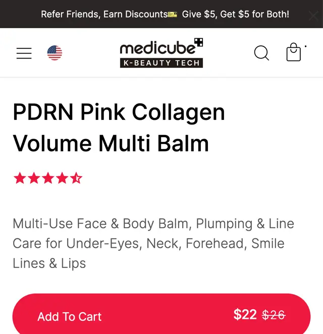 medicube.us: PDRN Pink Collagen Volume Multi Balm ürün sayfası, 22 dolar