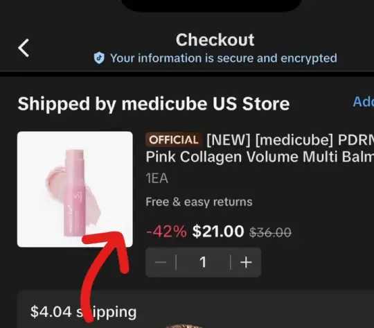 TikTok içi ödeme ekranı: Shipped by medicube US Store, -%42, 21 dolar