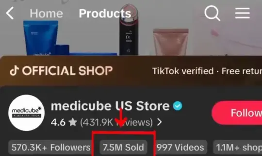 medicube US Store TikTok Shop profili: 4,6 yıldız, 570,3 bin takipçi, 7,5M Sold kırmızı çerçeveli, 997 video