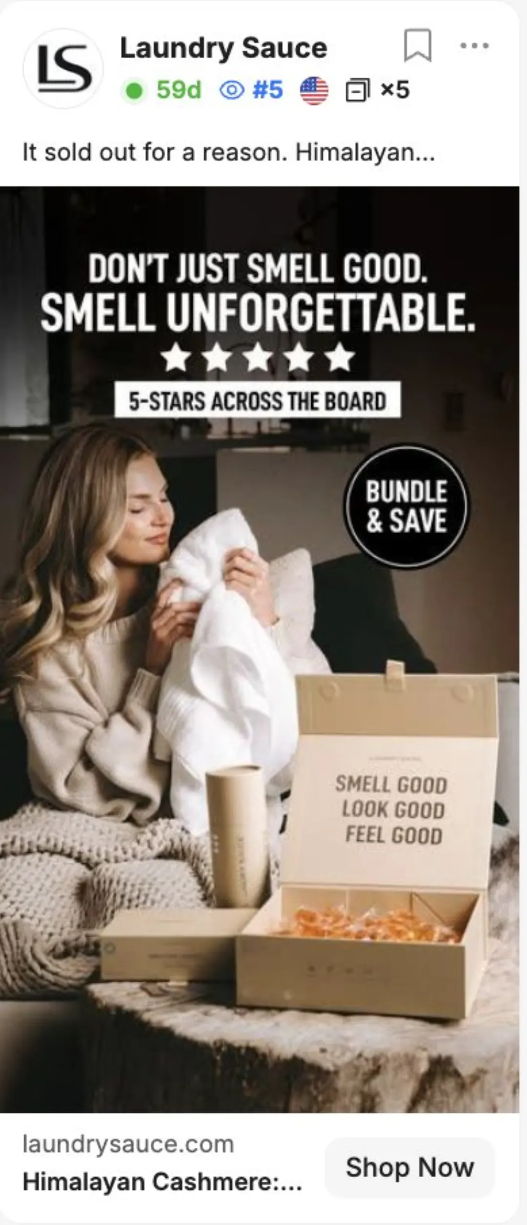 Laundry Sauce reklamı: “Don't just smell good. Smell unforgettable.” başlıklı kare, 59 gündür yayında, 5 varyasyon