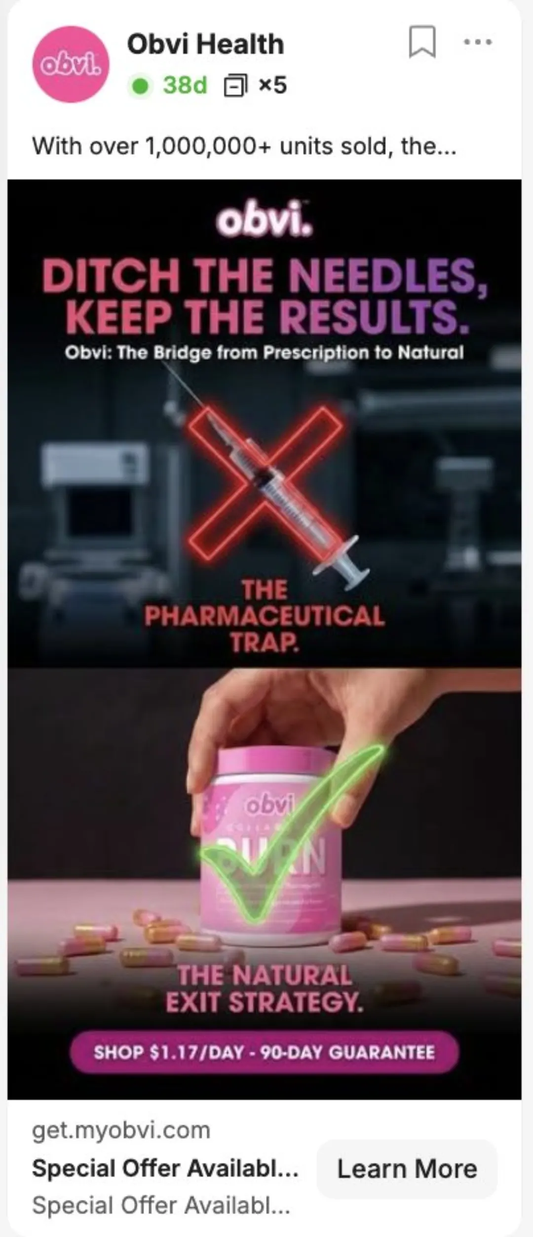 Obvi reklamı: üstte kırmızı çarpı ile iğne, altta yeşil tik ile ürün, “Ditch the needles, keep the results” başlığı