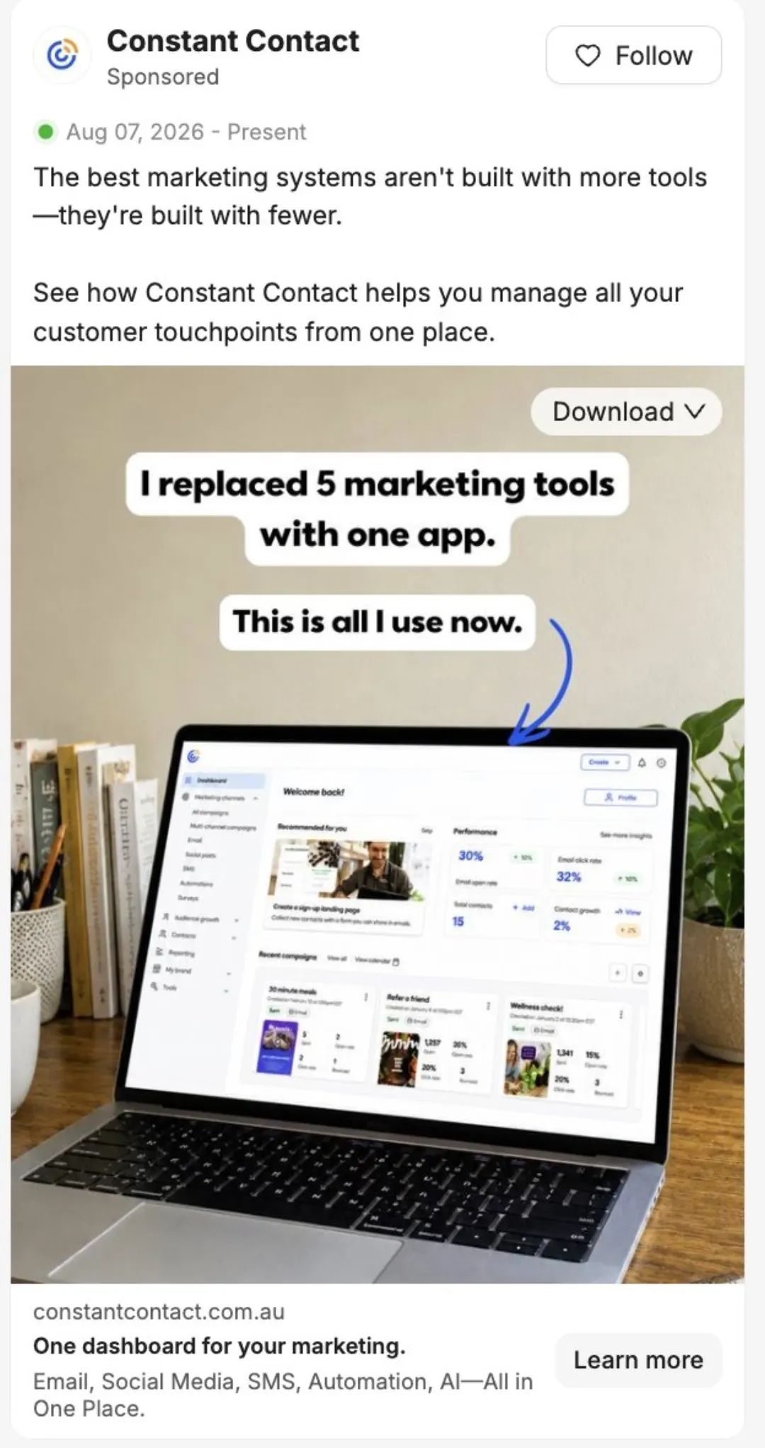 Constant Contact reklamı: “I replaced 5 marketing tools with one app” yazılı laptop görseli