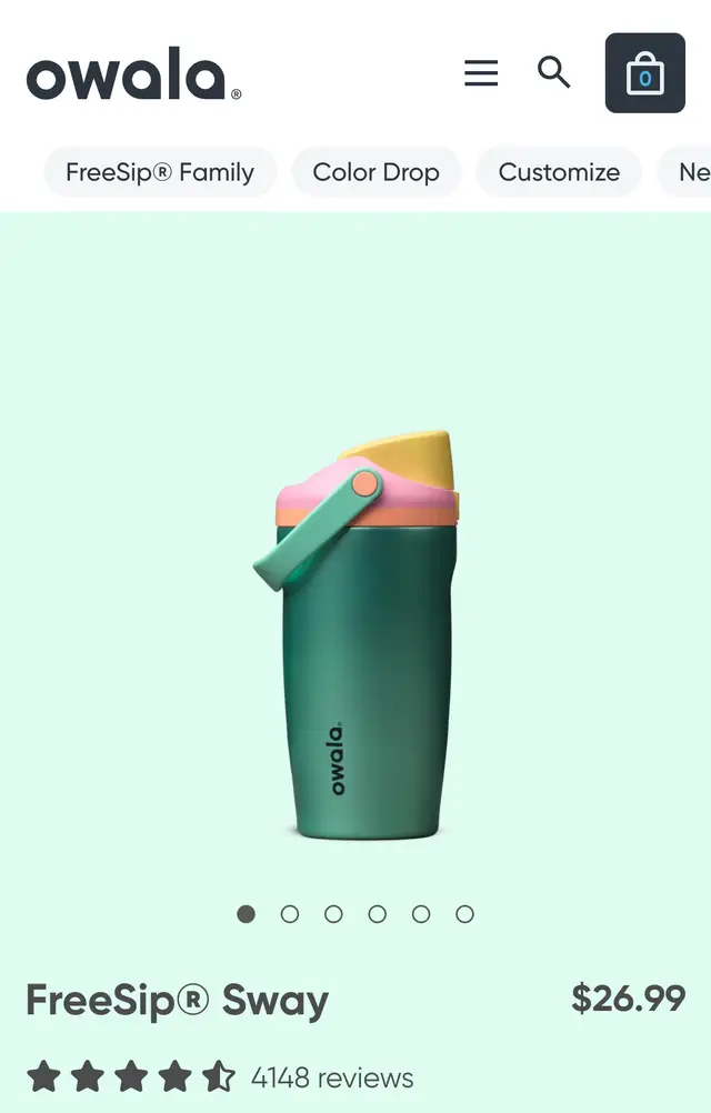 owalalife.com mobil: FreeSip Sway ürün sayfası, 26,99 $, 4.148 yorum