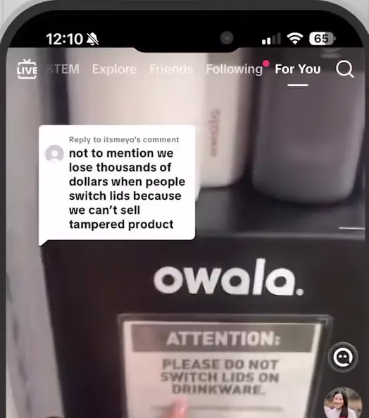 Owala kutusundaki ATTENTION uyarısı ve creator'ın yorum cevabı
