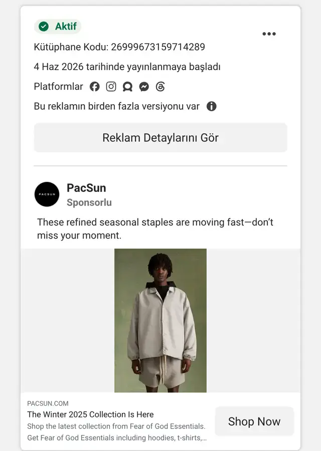 Meta Reklam Kütüphanesi: aktif PacSun reklamı