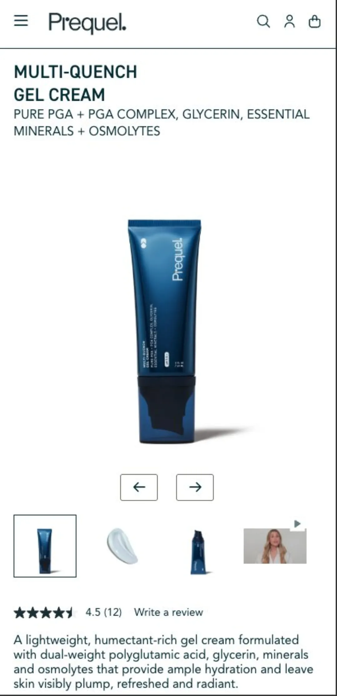 Prequel Multi-Quench Gel Cream ürün sayfası: başlıkta bileşen listesi, altında 4,5 puan ve 12 yorum