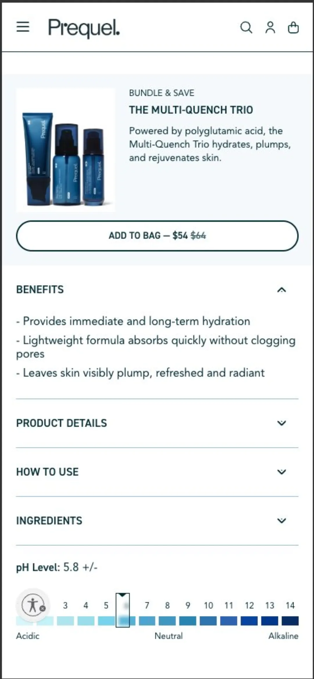 “Bundle & Save — The Multi-Quench Trio” paketi, altında fayda/kullanım/içerik başlıkları ve pH cetveli