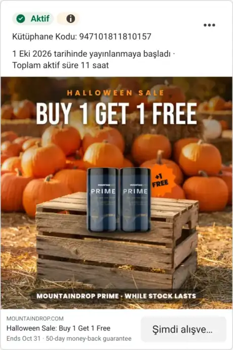 Meta Reklam Kütüphanesi, aktif reklam: Mountaindrop, Halloween Sale, BUY 1 GET 1 FREE, while stock lasts