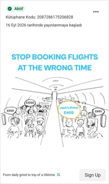 Meta Reklam Kütüphanesi, aktif reklam: Jack's Flight Club, Stop booking flights at the wrong time, elle çizilmiş uçak kabini ve fiyat balonları
