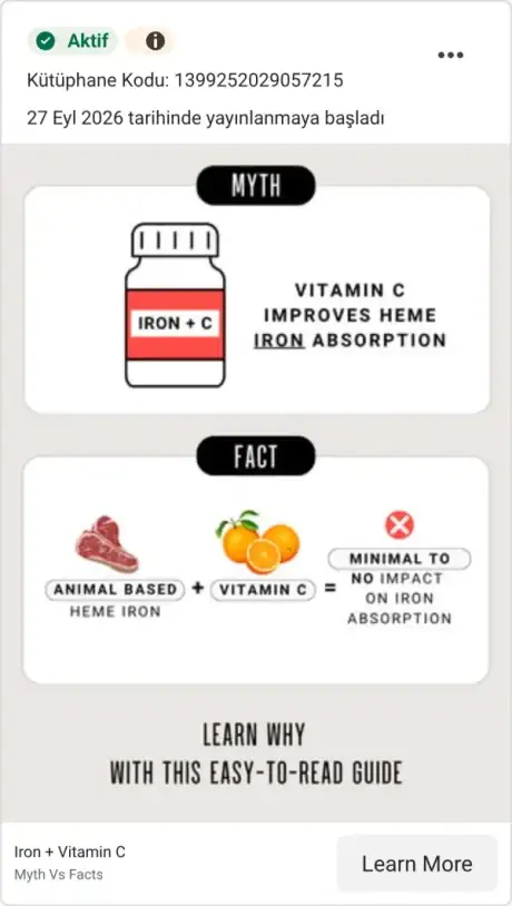 Meta Reklam Kütüphanesi, aktif reklam: Cell Squared, MYTH: Vitamin C improves heme iron absorption, FACT: minimal to no impact