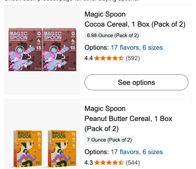 Amazon'da Magic Spoon araması: Cocoa Cereal 4,4 yıldız 592 yorum, Peanut Butter Cereal 4,3 yıldız 544 yorum