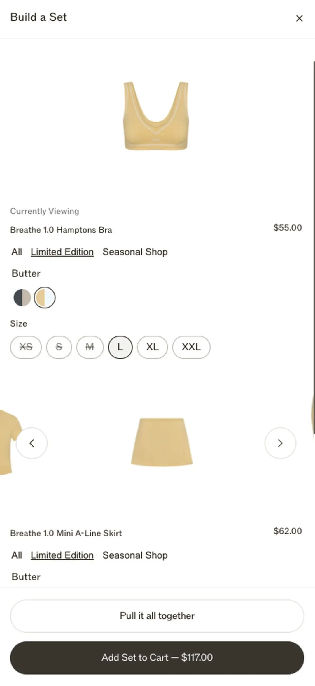 “Build a Set” ekranı: baktığın ürün + eşleşen parçalar, altta “Add Set to Cart — $117.00” butonu